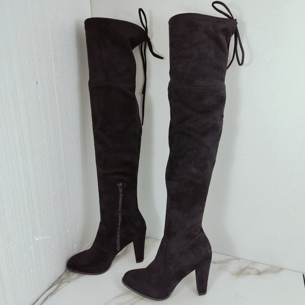 A New Day Black Microsuede Over The Knee Heeled Boots, Sz 7